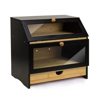 Črna bambusova škatla za kruh s predalom